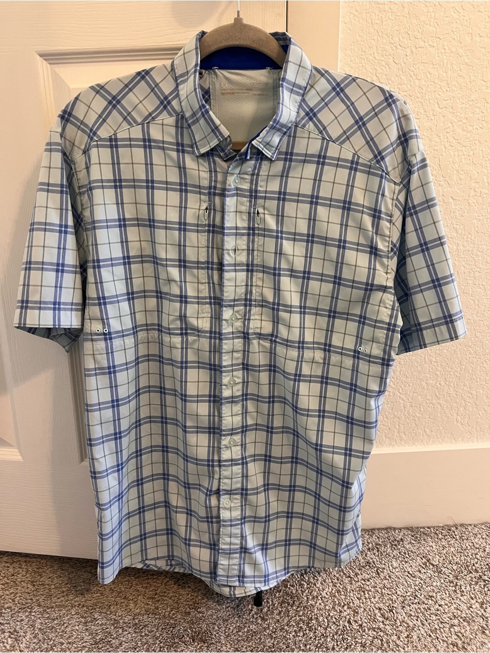 Under Armour Men's Light Blue and Navy Plaid Short-Sleeve Button-Down Shirt